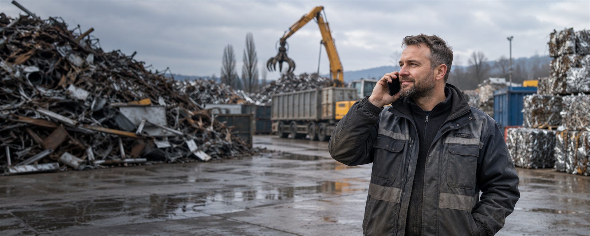 Pracownik WOMET rozmawia przez telefon na placu skupu złomu